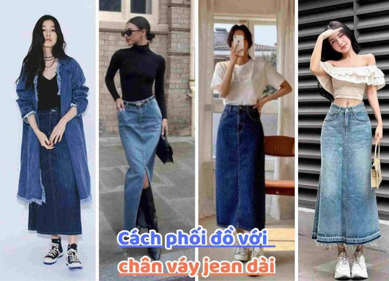 Cô gái phối chân váy jean dài với áo len ấm áp và túi xách màu nổi bật